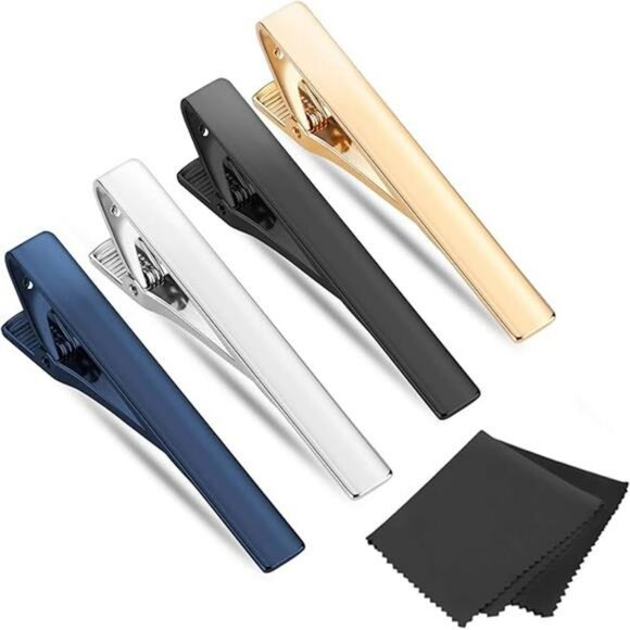 4 Pack Tie Clips for Men Classic Gold Silver Black Blue Tie Bars Formal Set - Picture 8 of 8